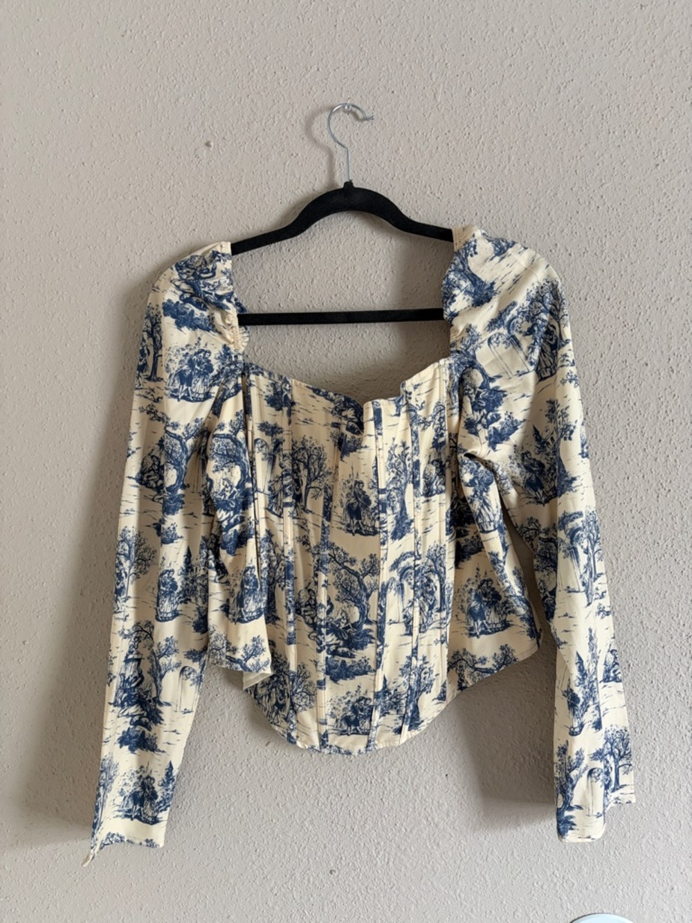 Fashion Nova Cream and Blue Toile Corset Top